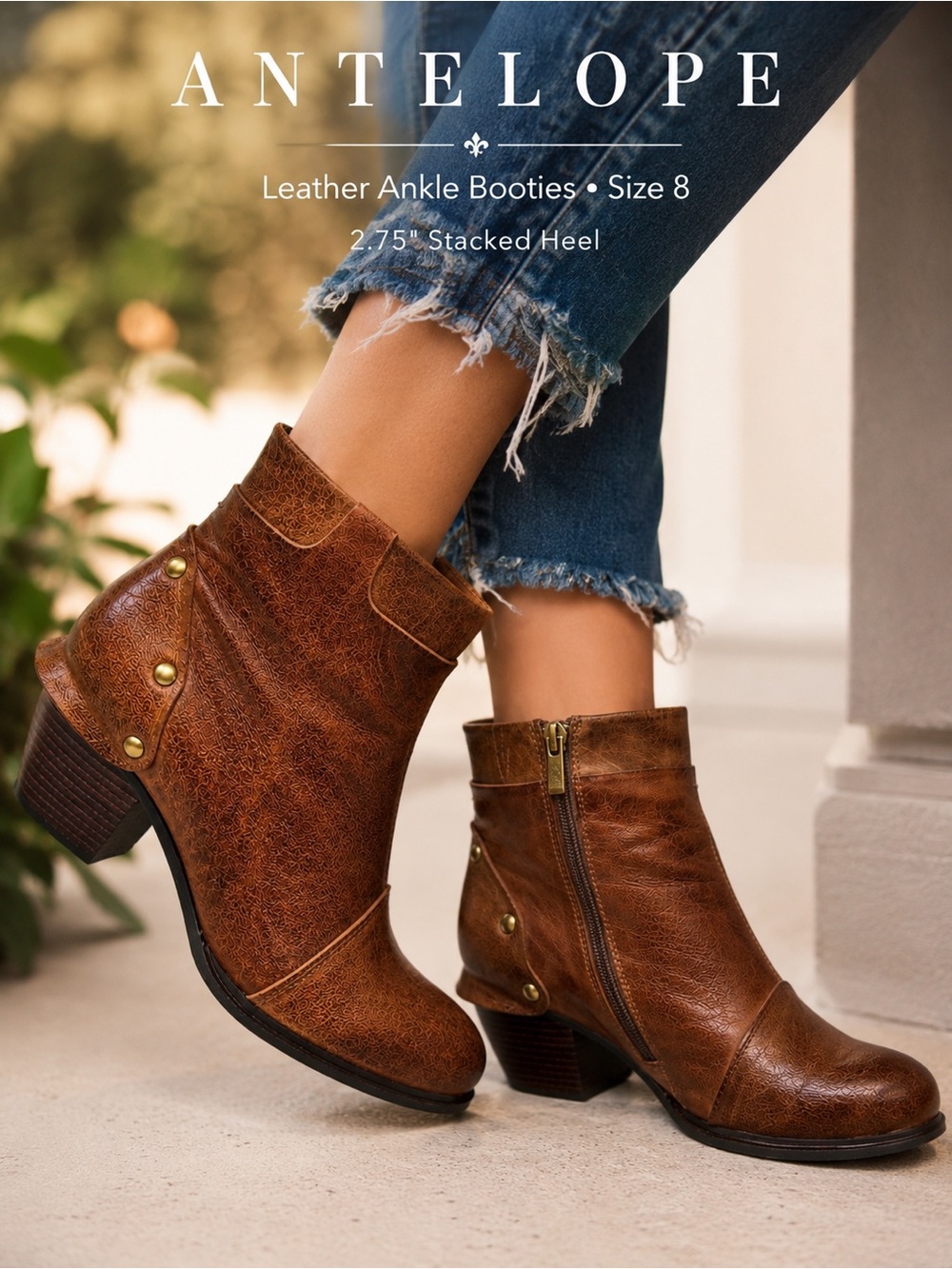 Antelope Leather Ankle Boots Women’s Size 8 Brown Boho Western Stacked Heel